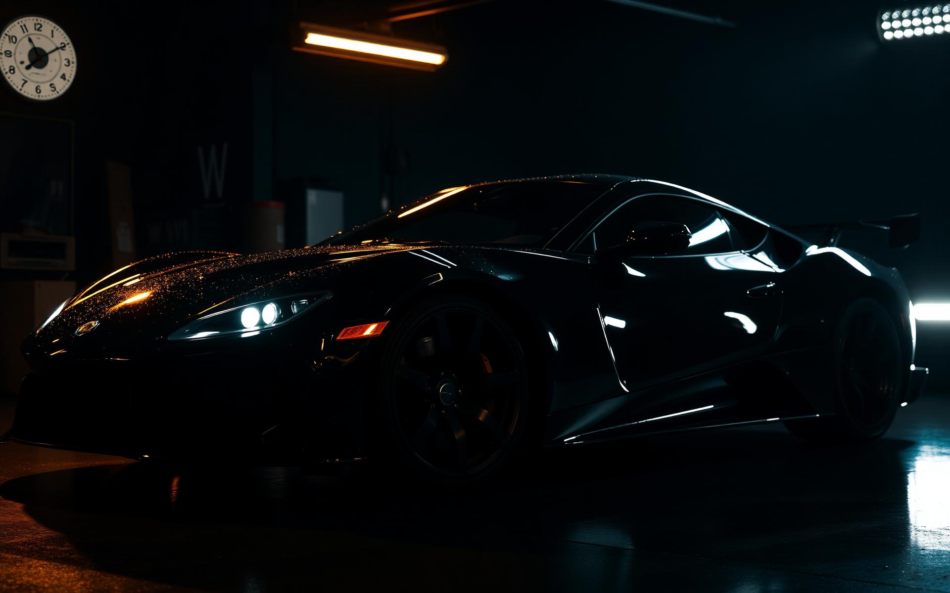 Glossy black sports car under garage lights